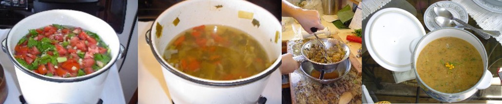  Stages of preparing the Hippocrates soup. Passing the vegetables through a food mill helps with digestion.