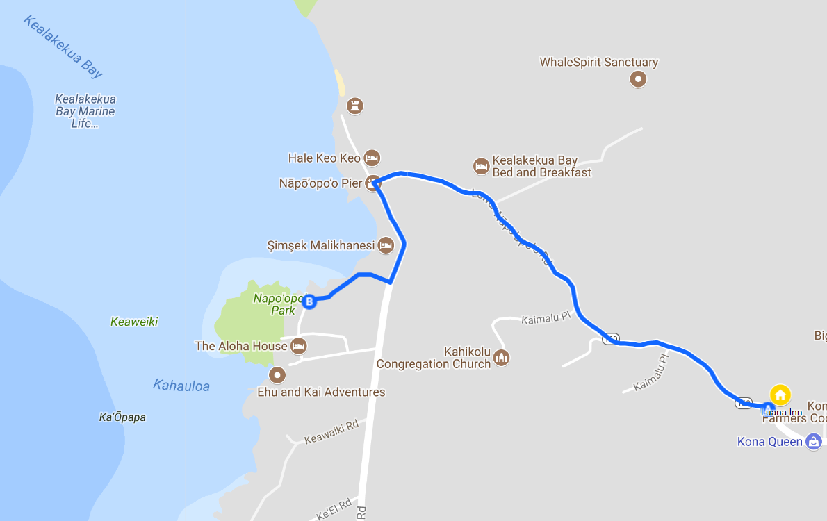 directions to Manini Beach from Luana Inn Captain Cook Kealakekua Bay within 1 mile walking distance