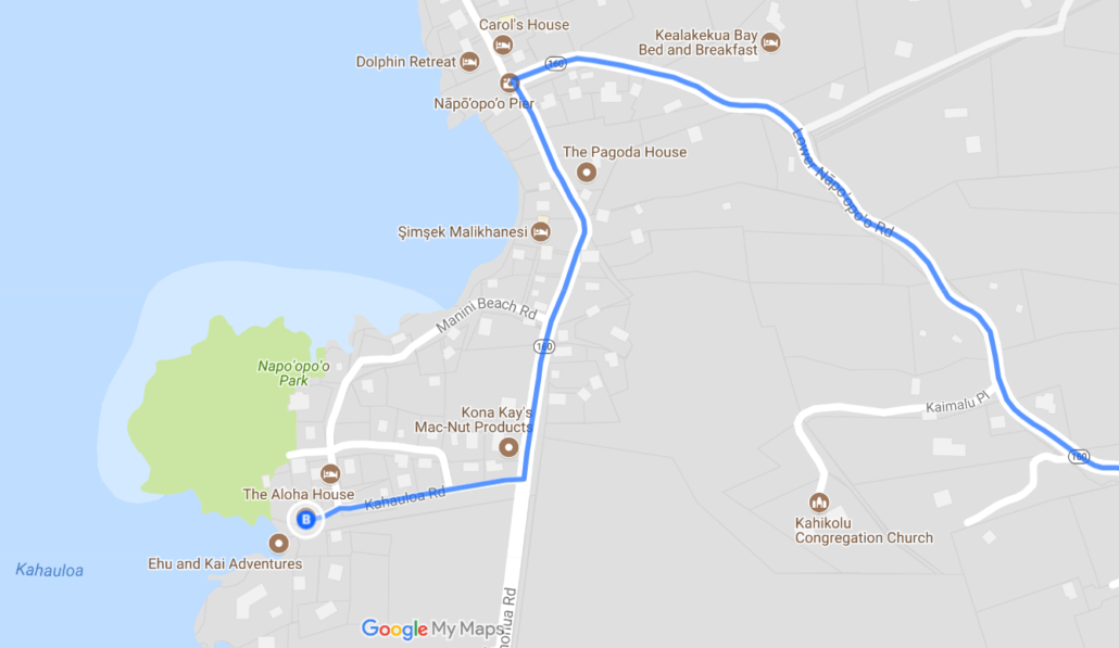 directions to get to Ehu Kai Adventures for Kayak Rental in Kealakekua Bay to kayak to Captain Cook Monument
